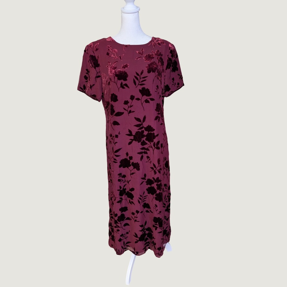 Talbots Whimsigoth Burgundy Silk Blend Floral Burnout Velvet Maxi Sheath Dress 8